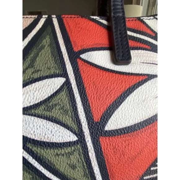 TORY BURCH Kerrington Printed Tote Floral Pebbled Leather Bag Black Red Green